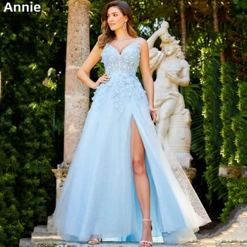Платья для выпускного вечера с ручной аппликацией Annie, Вечерние платья из тюля с разрезами по бокам, Светло - голубые 2023, Vestidos De Noche