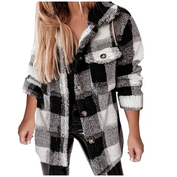 Плюшевое женское пальто в клетку, осень-зима, длинный рукав, двойной карман, куртка в стиле хип-хоп, Женская ветровка больших размеров на молнии, куртки, пальто