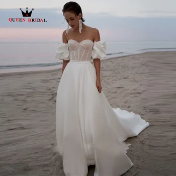 Пляжное Атласное Свадебное платье 2023 Элегантного Силуэта с круглым вырезом и Короткими Пышными рукавами, Расшитое бисером Свадебное платье Vestido De Novia QS01