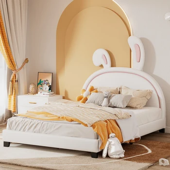 Полноразмерная кожаная кровать на платформе с орнаментом в виде кролика для внутренней мебели спальни, белый