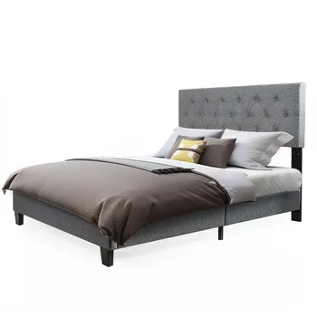 Полноразмерная кровать Gymax с панельной обивкой и льняным изголовьем, мебель для спальни с мягким деревянным каркасом, основания кроватей