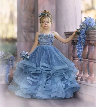 Потрясающее многоуровневое бальное платье для девочек с аппликацией из бисера и оборками, костюмы принцессы для первого причастия, платье с цветами 2023 года