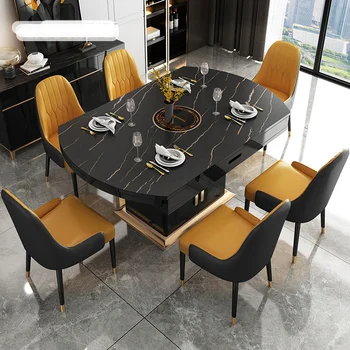 Практичный Длинный обеденный стол из черно-белой каменной плиты для маленькой гостиной, набор домашней мебели, 6 стульев, лофт Внутри