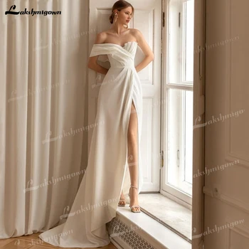 Простые Очаровательные Свадебные Платья С Высоким Разрезом Lakshmigown Женщины На Одно Плечо Сексуальное Платье Невесты С Открытой Спиной Атласное Vestido De Novia Sweep