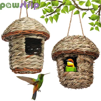 Птичье гнездо ручной работы из соломы, Подвесной домик для попугая, Натуральная соломенная клетка для зяблика, Укрытие для украшения сада, принадлежности для птиц