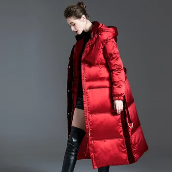 Пуховик женский 2023 новый длинный пуховик с капюшоном, стеганое красное пуховое пальто, белое пуховое зимнее пальто, женское пальто