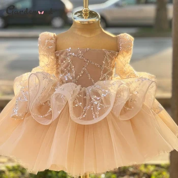 Пышное платье для маленьких девочек Платья для девочек с цветами цвета шампанского Милое платье принцессы для девочек свадебное платье для девочек Детские платья