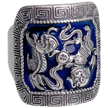 Ретроспективное серебряное кольцо с тотемом ярко-синего цвета, мужское и женское широкое открытое кольцо, преувеличенные квадратные украшения
