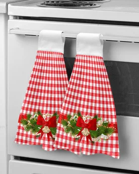 Рождественские Красные полотенца для рук в клетку с бантом, ткань для подвешивания из микрофибры, ткань для быстрой химчистки, Рождественский декор, Кухонное полотенце
