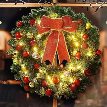 Рождественский венок со светодиодной подсветкой, сверкающий Светодиодный Рождественский венок, Праздничная Гирлянда из сосновых иголок со светящимся шариком-бантом