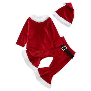Рождественский комплект одежды для косплея Санта-Клауса Для девочек, Рождественский флисовый комбинезон с длинными рукавами, расклешенные брюки, комплект шляп 아동 상하복 세트