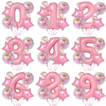 Розовая бабочка Номер 0-9, воздушные шары, украшения для свадьбы, Дня рождения, Душа ребенка для девочек, 1, 2, 3 года, воздушные шары для вечеринки по случаю Дня рождения
