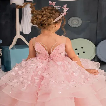 Розовое платье в цветочек для девочки, пышное платье без рукавов, Пушистое Красивое платье принцессы, шапочка для Первого причастия, рукав для ребенка, Свадебная вечеринка по индивидуальному заказу