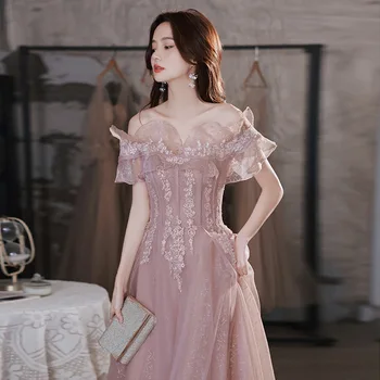 Розовые вечерние платья 2023, Шикарные оборки, аппликации, вырез лодочкой, платье знаменитостей, Элегантное темпераментное банкетное платье трапециевидной формы