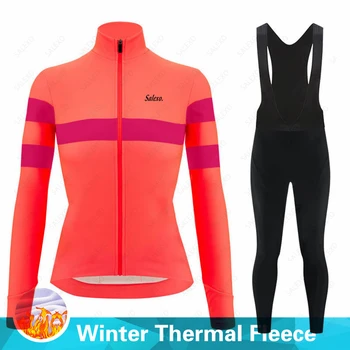 Розовые Зимние велосипедные комплекты 2023 года, женская термо-флисовая велосипедная одежда, костюмы для горного велоспорта, костюм для триатлона Ropa Ciclismo