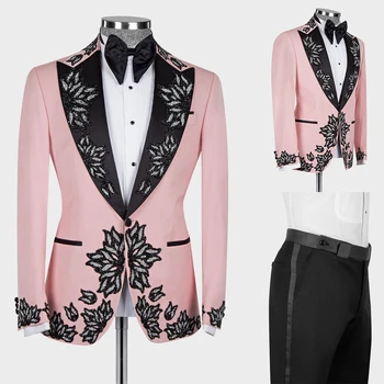 Розовые мужские костюмы Аппликация на смокинг, шаль с пайетками, лацкан на одной пуговице, 2 предмета, блейзер, брюки, сшитые по индивидуальному заказу, Мода для жениха на вечеринку