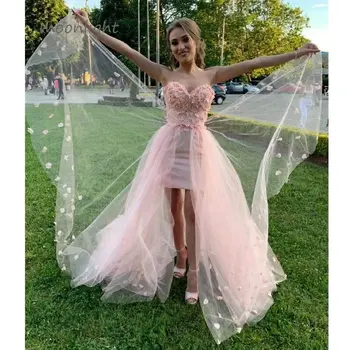 Розовые платья принцессы для выпускного вечера, Элегантное вечернее платье без бретелек с 3D цветами в виде сердца, вечернее платье для дня рождения для женщин, Тюлевое праздничное платье