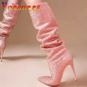 Роскошная женская обувь для вечеринок со стразами, новинка 2023 года, заостренные высокие каблуки, полные бриллиантов, блестящие модные сапоги до колена, Клубные сценические ботильоны