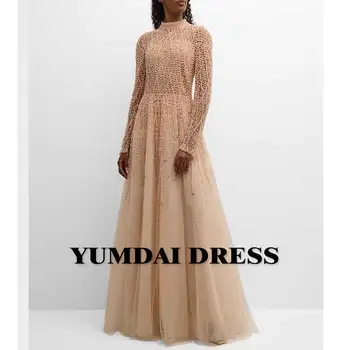 Роскошное вечернее платье YUMDI из Дубая цвета шампанского, расшитое бисером, женская свадебная вечеринка 2023, элегантное бальное вечернее платье принцессы с длинным рукавом