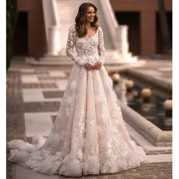 Роскошное Свадебное платье с длинными рукавами 2023, свадебное платье с кружевной аппликацией в виде Цветка, Торжественная вечеринка Невесты, принцесса, Vestido De Novia Gala
