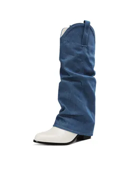 Роскошные брендовые лоскутные туфли на высоком массивном каблуке, джинсовые слипоны, женские кроссовки с острым носком, большие размеры 48