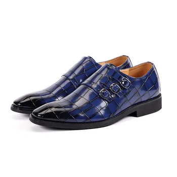 Роскошные лоферы Модельные туфли с острым носком Мужские лоферы Оксфордские туфли из лакированной кожи для мужчин Официальные свадебные туфли Синие туфли с пряжкой