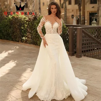 Роскошные свадебные платья Русалки с длинным рукавом, съемный шлейф, аппликации, кружевное свадебное платье с V-образным вырезом Robe De Mariée Custom S19X