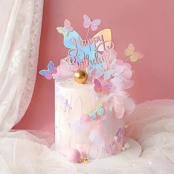 С Днем Рождения, украшенный блестками, Бабочка, Топпер для торта для принцессы, украшение для торта на День рождения, бабочки, украшение для свадебной вечеринки
