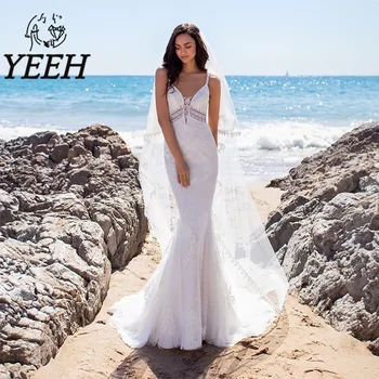 Свадебное платье YEEH с V-образным вырезом и иллюзией спины, изысканное свадебное платье с кружевными аппликациями, платье со шлейфом в виде русалки, Vestido De Noiva для невесты
