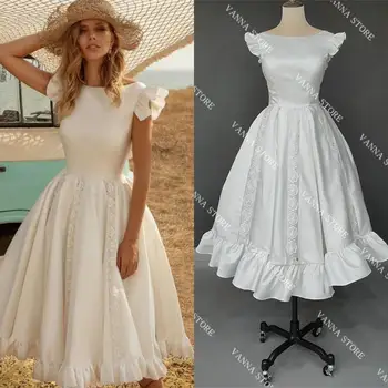 Свадебное платье длиной 3123 # Tea в деревенском стиле, Атласное платье с оборками, Короткое Свадебное платье без спинки, Винтажное Простое Реальное фото 2021 года, Дешевое