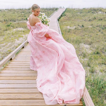Свадебное платье Розовой принцессы с цветочным принтом, сшитое на заказ С длинными пышными рукавами и высоким разрезом, свадебные платья с шлейфом