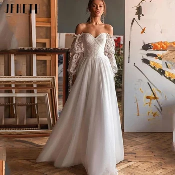 Свадебные платья JEHETH Illusion Sweetheart С потрясающими кружевными аппликациями, Свадебное платье в стиле бохо, Нежный тюль, пуговицы сзади, свадебное платье