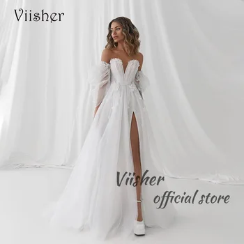 Свадебные платья из белого тюля Viisher с 3D цветами, разрезом по ногам, Платье невесты в стиле милой бохо, Трапециевидное Пляжное свадебное платье с открытыми плечами