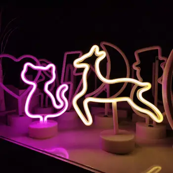Светодиодная неоновая лампа креативной формы с USB / батарейным питанием, не бросающаяся в глаза Неоновая вывеска в виде кошки, оленя, животного, декор для вечеринки