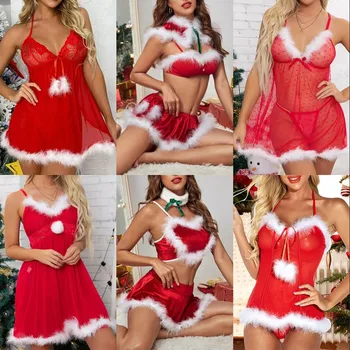 Сексуальное Рождественское белье, платье с открытой промежностью, Эротическая кружевная пижама Babydoll, женский косплей, Пикантные костюмы, Рождественские Подарки