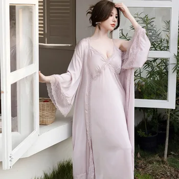 Сексуальный домашний халат с кружевной отделкой, женское Длинное Кимоно, банный халат, веточка, Летняя одежда для отдыха, пижамы, Свободная ночная рубашка на подтяжках