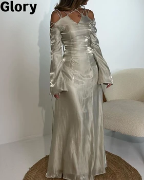 Серебристо-серые платья для выпускного вечера 2023 Современная девушка, расклешенные рукава на шнуровке, V-образный вырез, Блестящие Арабские модные вечерние платья, вечернее платье для вечеринки