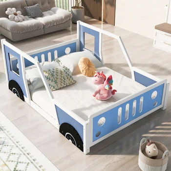 Синяя полноразмерная классическая кровать-платформа в форме автомобиля на колесиках, для мебели для спальни в помещении