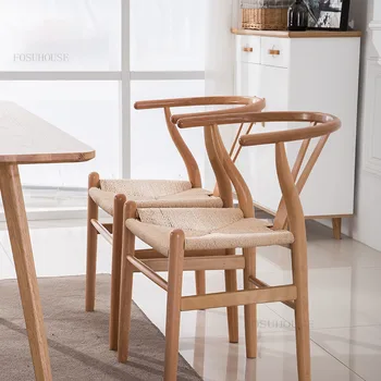 Скандинавские Обеденные стулья из массива дерева для столовой Мебельное кресло Скандинавский дизайнер Креативный Бытовой стул с веревочной спинкой
