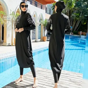 Скромные мусульманские женские купальники, раздельные длинные топы, комплекты буркини, полное покрытие, купальный хиджаб, пляжная одежда