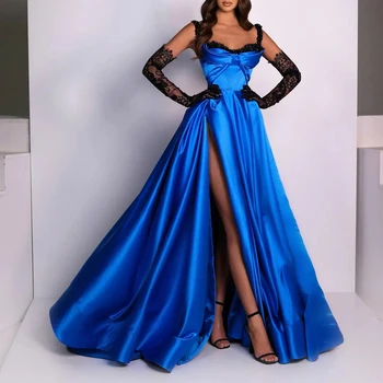 Современные синие вечерние платья трапециевидной формы, черные кружевные аппликации, платье для выпускного вечера с разрезом сбоку, расшитое бисером, Атласное платье в стиле милой девушки Vestido De Novia