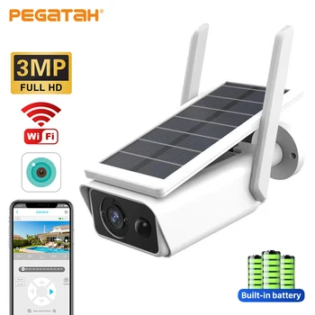 Солнечная камера PEGATAH 3MP WiFi IP-камера с батарейным питанием Наружная Беспроводная Водонепроницаемая IP66 PIR Камеры видеонаблюдения безопасности