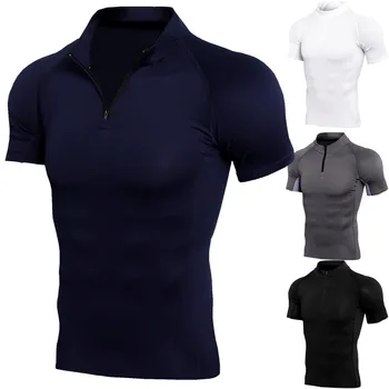 Спортивная одежда для бега с короткими рукавами, мужская рабочая одежда для тренеров, футболки для фитнеса со стоячим воротником на молнии, быстросохнущие, новые