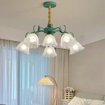 Стеклянные подвесные светильники с цветами Освещение во французском стиле Кантри Столовая Гостиная Спальня Светодиодная люстра цвета Макарон