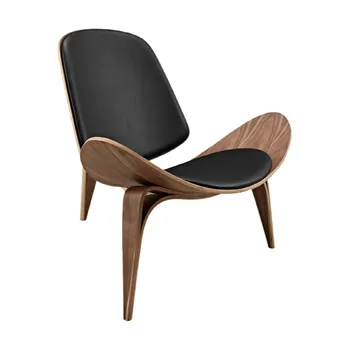 Стильное трехногое кресло-ракушка из ясеневой фанеры, мебель для гостиной из черной искусственной кожи, современная копия кресла-ракушки