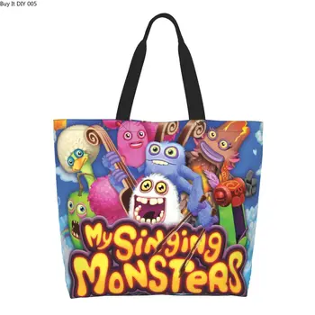 Сумка для покупок в продуктовых магазинах My Singing Monsters из милого холста с принтом, сумка-тоут через плечо, портативная сумка большой емкости.
