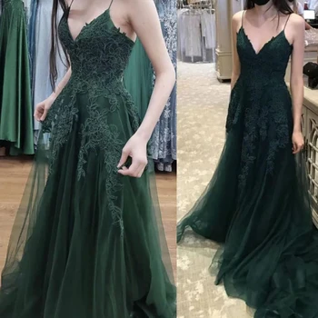 Сшитое на заказ зеленое вечернее платье на тонких бретелях С аппликацией, коктейльные платья из тюля трапециевидной формы