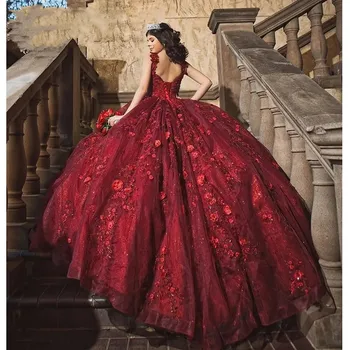 Темно-красные пышные платья Sweet Girl с 3D кружевами и цветочным блеском, 15 платьев для вечеринки по случаю дня рождения, 16 Саудовских арабских