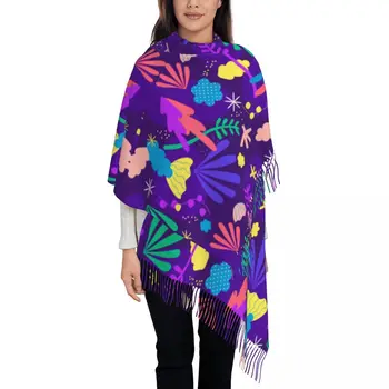 Темно-фиолетовая женская шаль из пашмины с морским дном, обертывания, шарф с бахромой, длинный Большой шарф