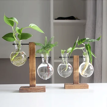 Террариум, вазы для растений, Гидропонный винтажный стеклянный цветочный горшок, Прозрачный горшок для растений, деревянные полки для растений, столешница для дома